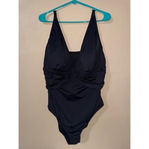 Bleu Rod Beattie Black One Piece Swimsuit V-Neck Ruched 18W RBKK25705W NEW